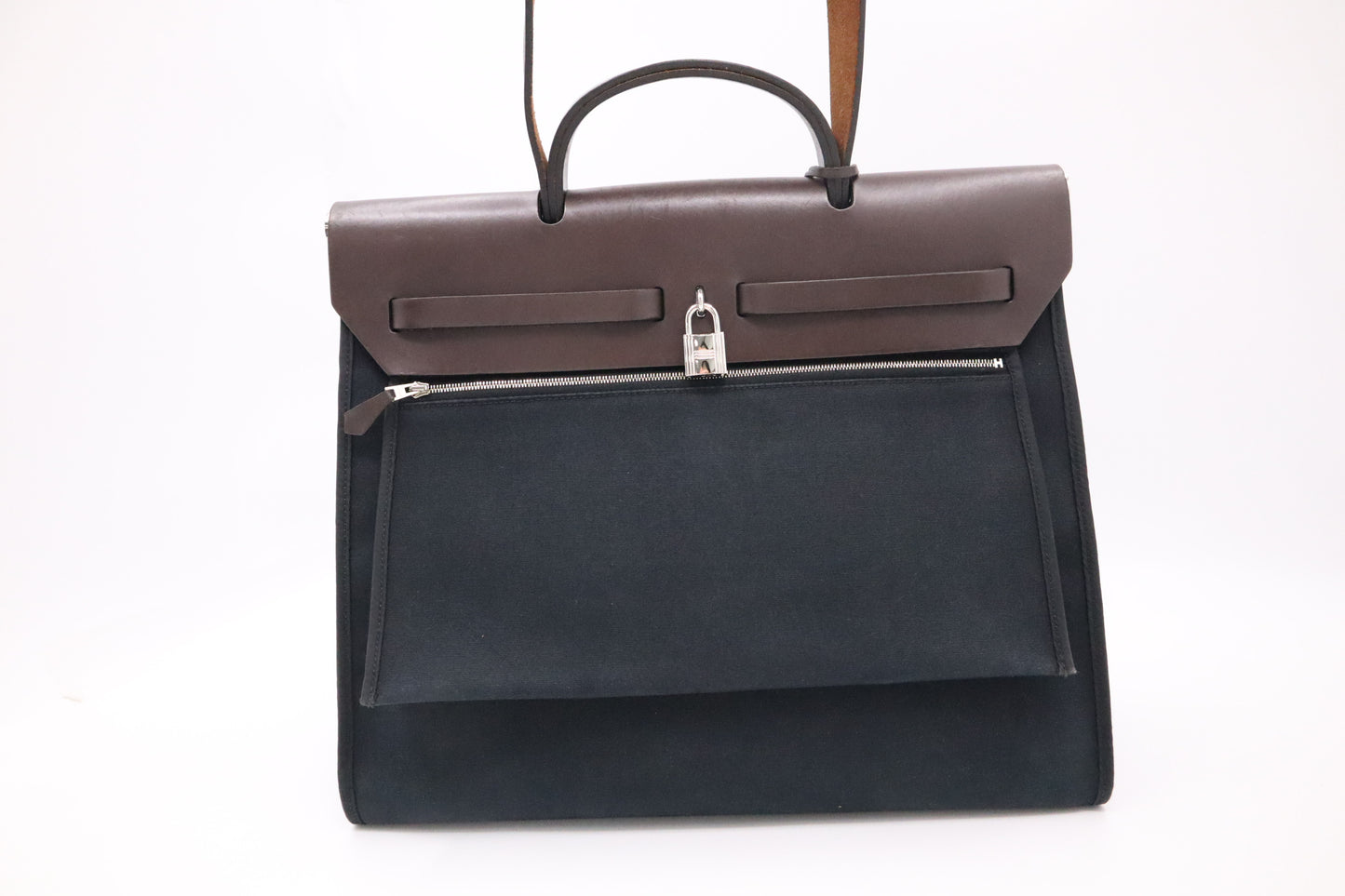 Hermes Herbag Zip 39 in Black Canvas & Brown Leather