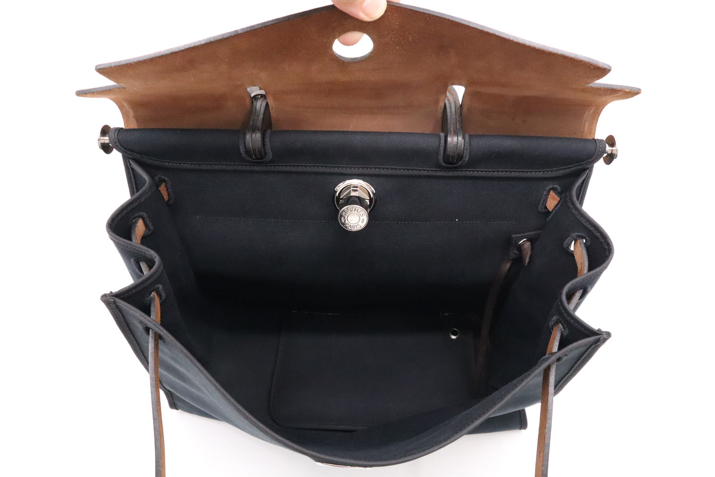 Hermes Herbag Zip 39 in Black Canvas & Brown Leather