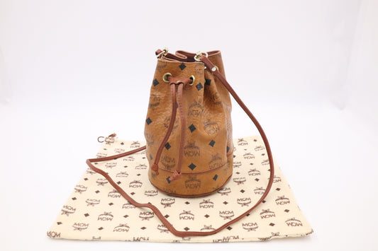 MCM Mini Bucket Bag in Cognac Visetos Canvas