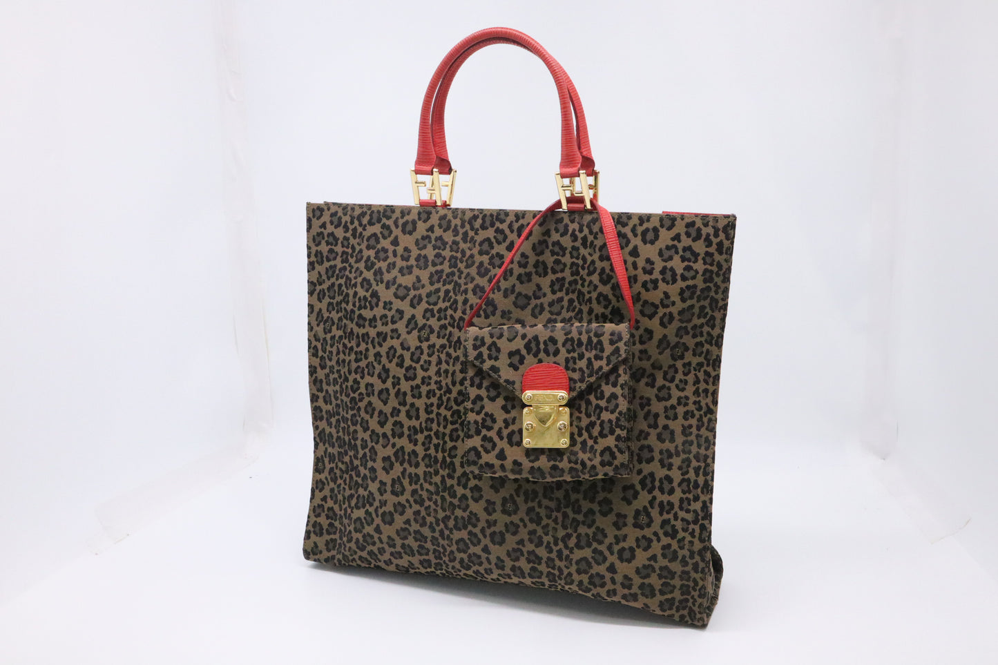 Fendi Shoulder Bag in Leopard Canvas & Red Leather