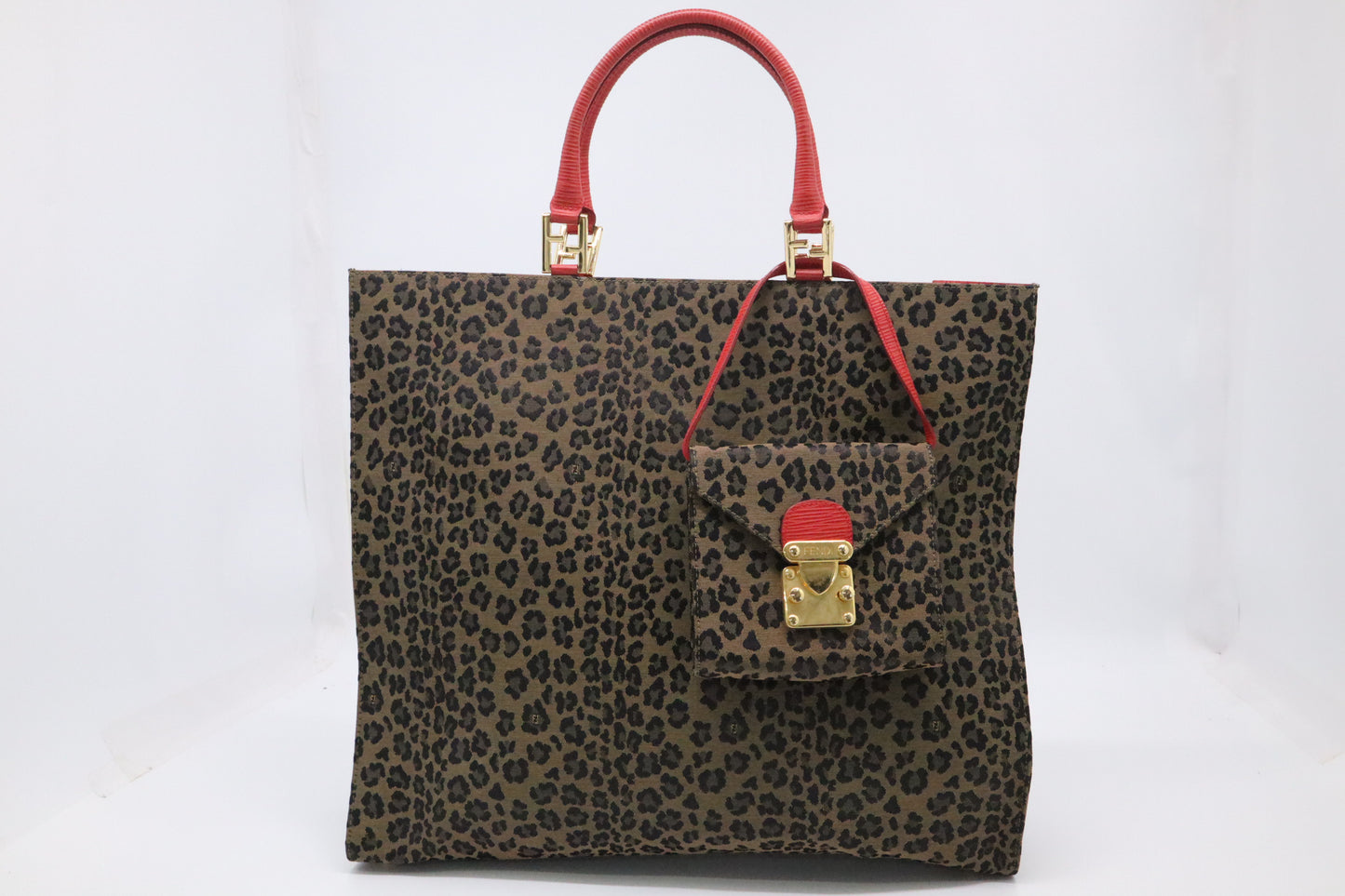Fendi Shoulder Bag in Leopard Canvas & Red Leather