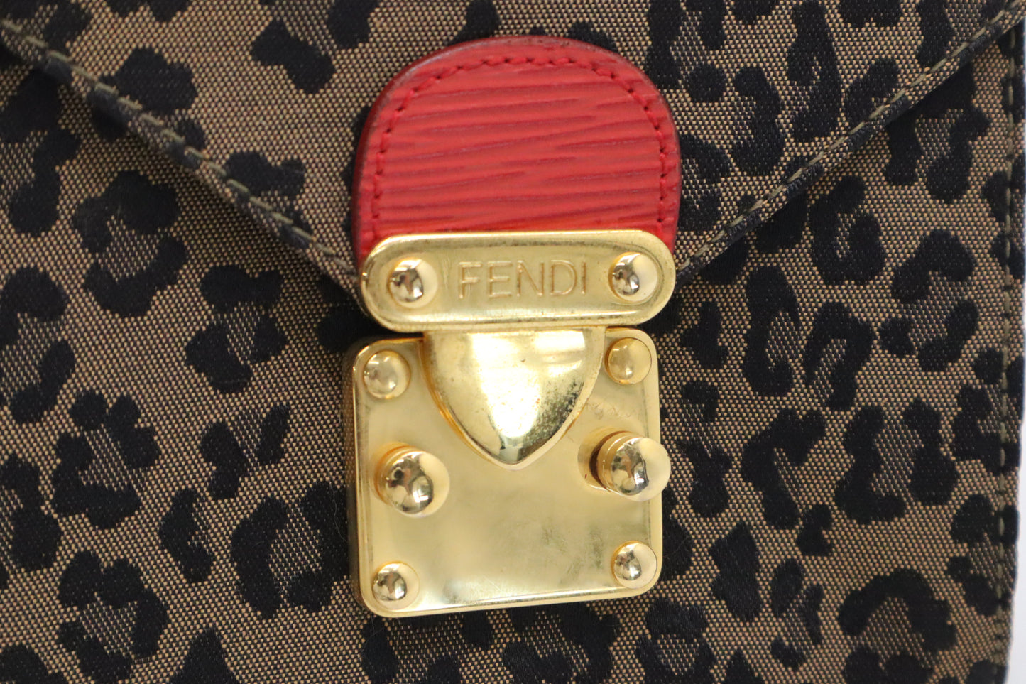 Fendi Shoulder Bag in Leopard Canvas & Red Leather