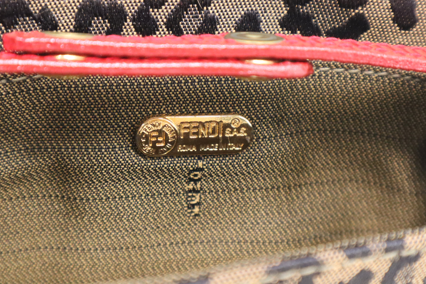 Fendi Shoulder Bag in Leopard Canvas & Red Leather