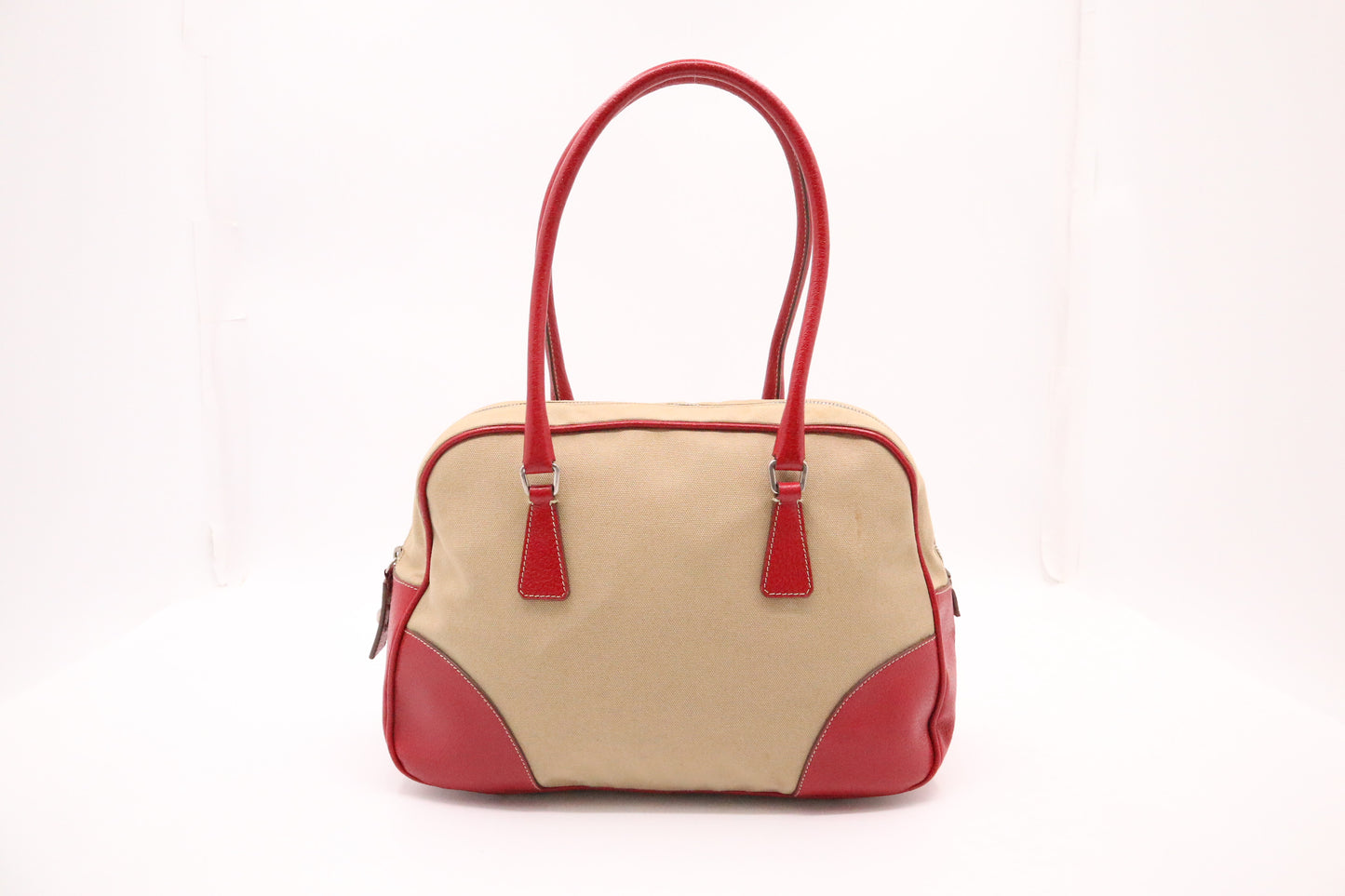 Prada Bowling Bag in Red Leather and Brown Canvas