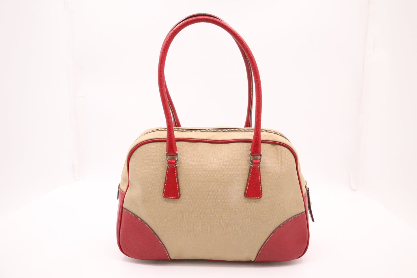 Prada Bowling Bag in Red Leather and Brown Canvas