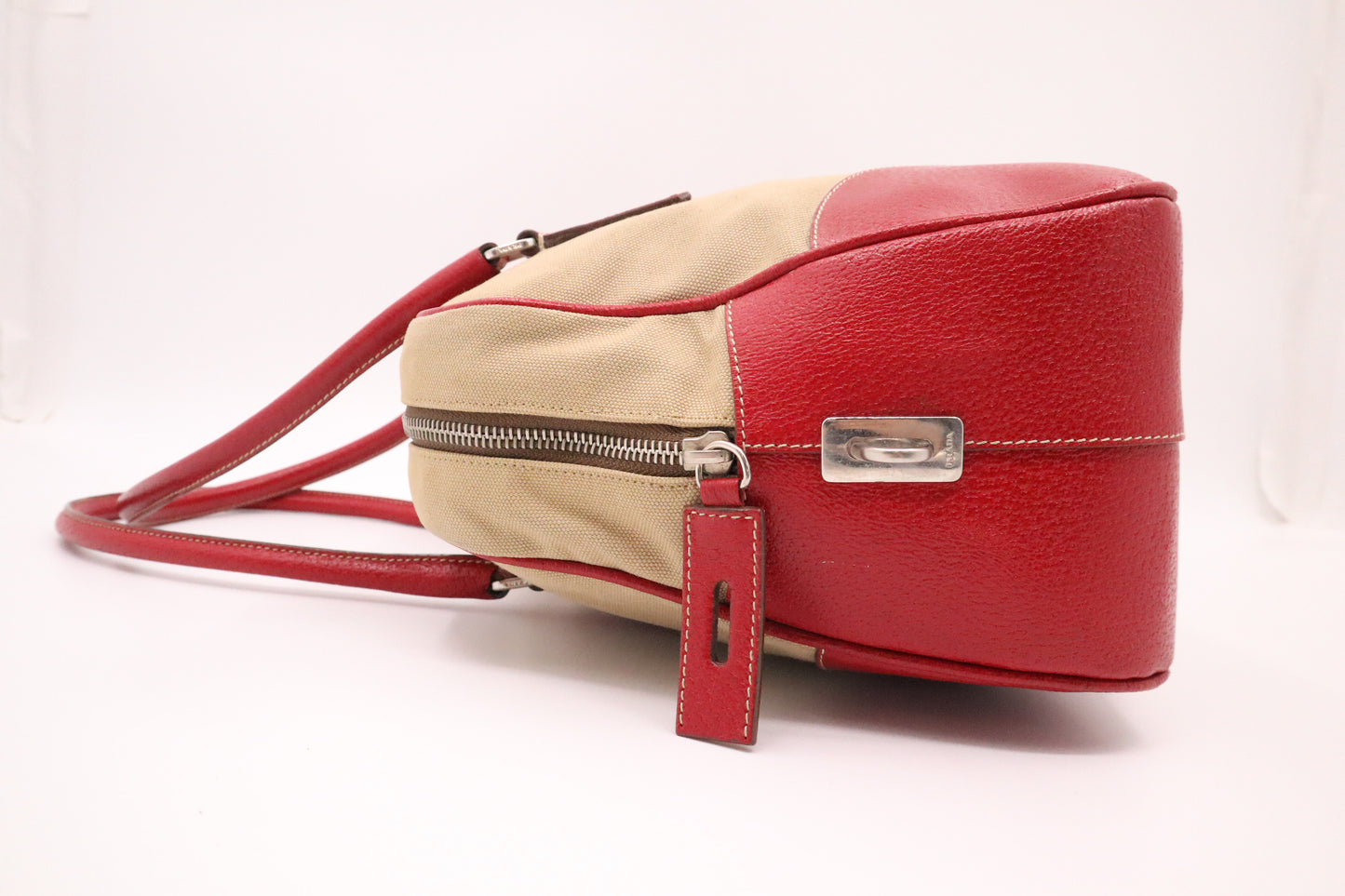 Prada Bowling Bag in Red Leather and Brown Canvas