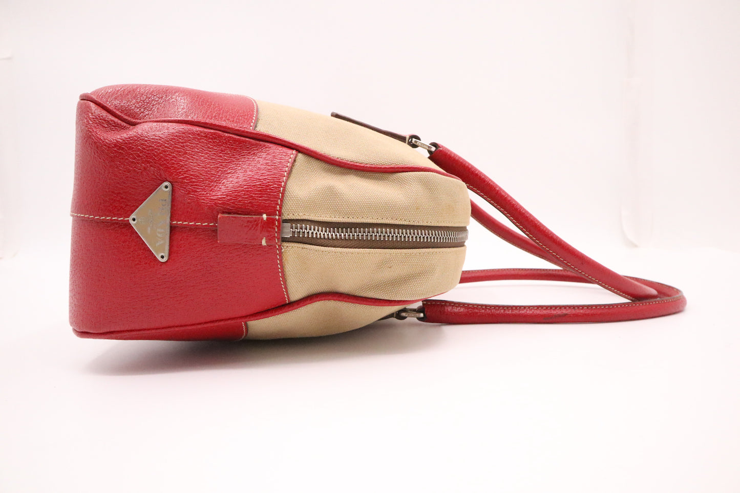 Prada Bowling Bag in Red Leather and Brown Canvas