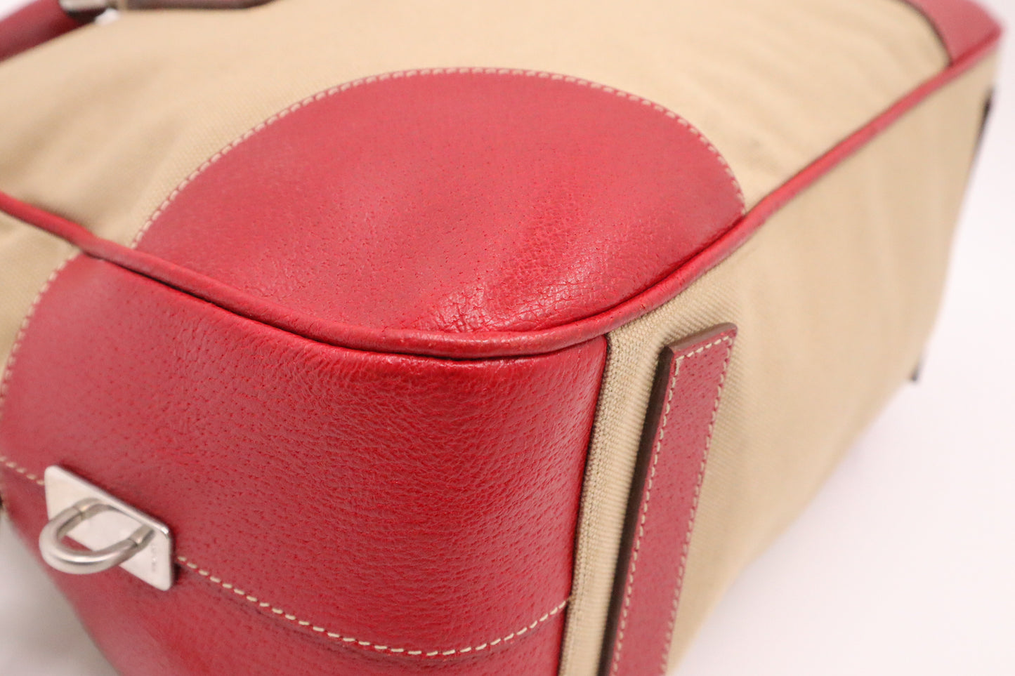 Prada Bowling Bag in Red Leather and Brown Canvas