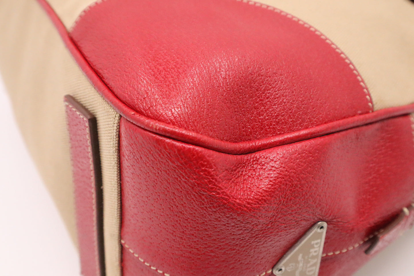 Prada Bowling Bag in Red Leather and Brown Canvas