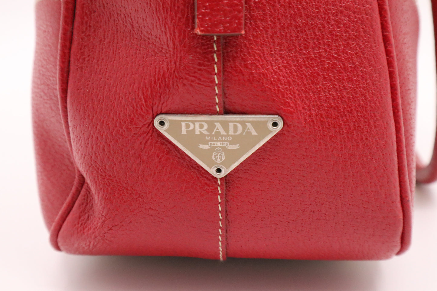 Prada Bowling Bag in Red Leather and Brown Canvas
