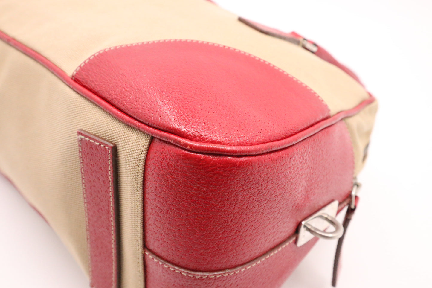 Prada Bowling Bag in Red Leather and Brown Canvas