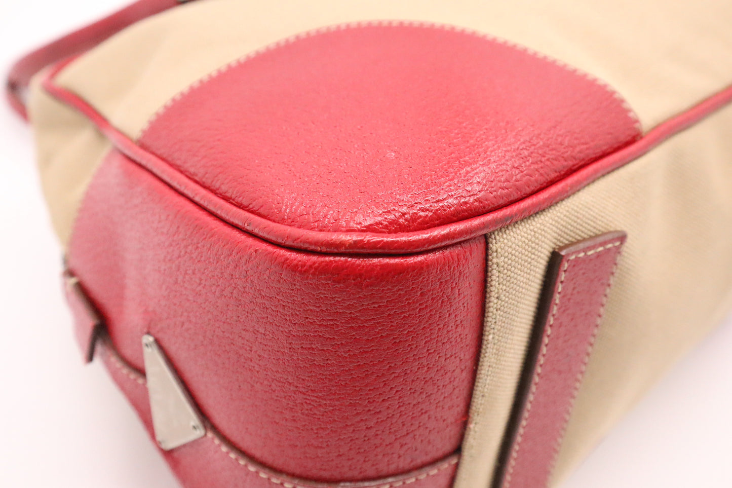 Prada Bowling Bag in Red Leather and Brown Canvas