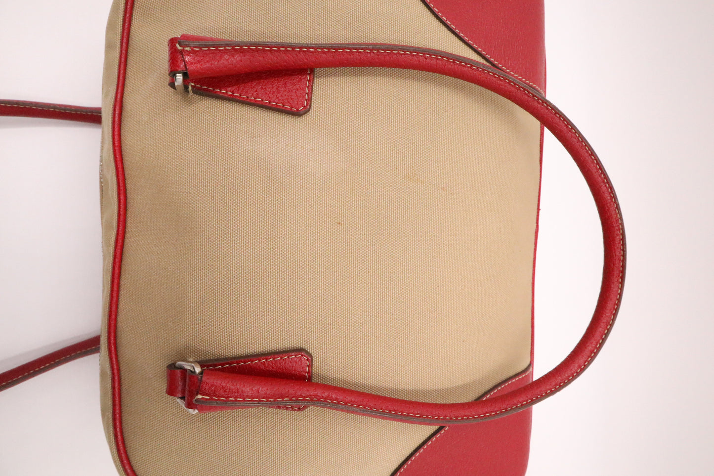 Prada Bowling Bag in Red Leather and Brown Canvas