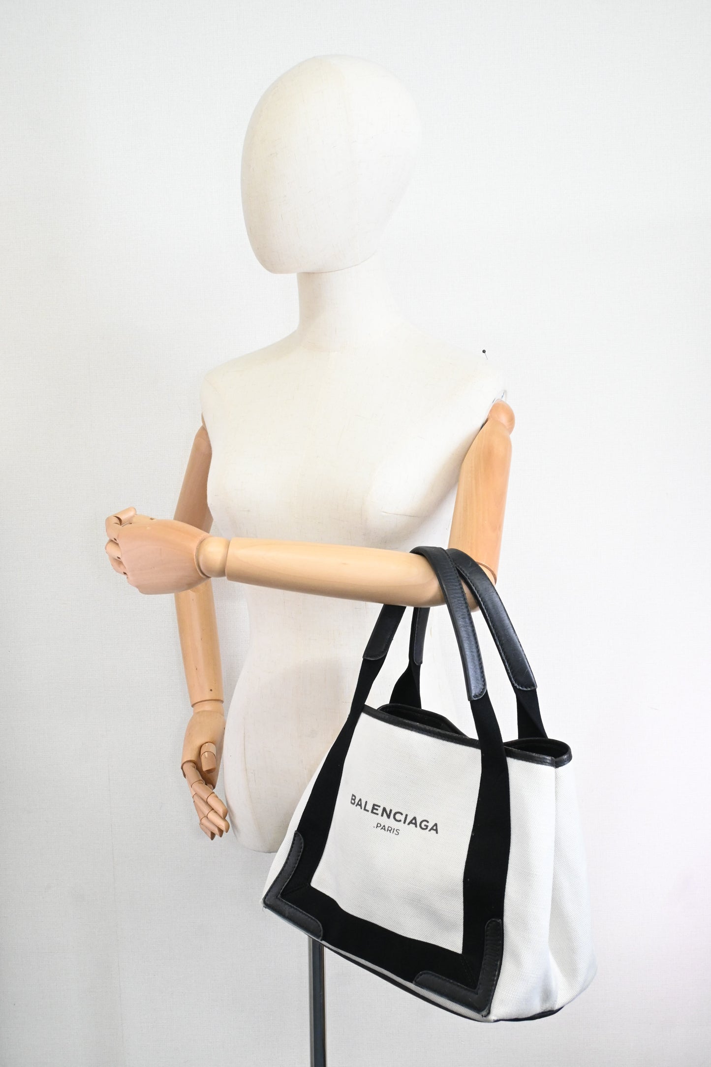 Balenciaga Small Navy Cabas Tote in Ecru and Black Canvas