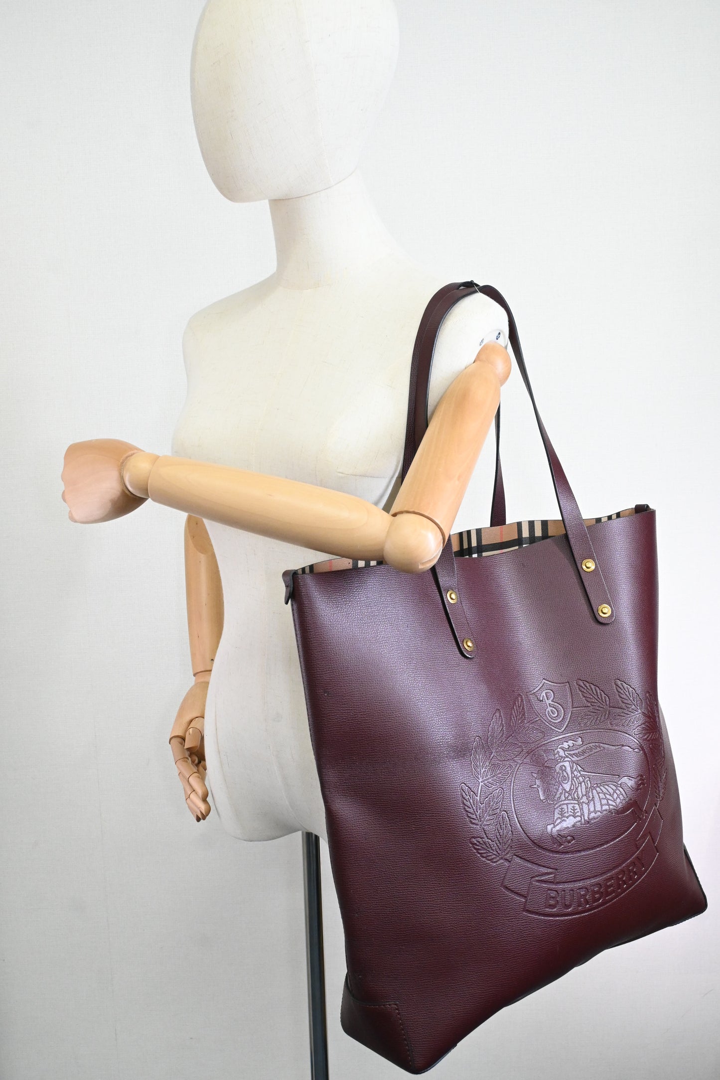 Burberry Large Embossed Tote in Burgundy Leather