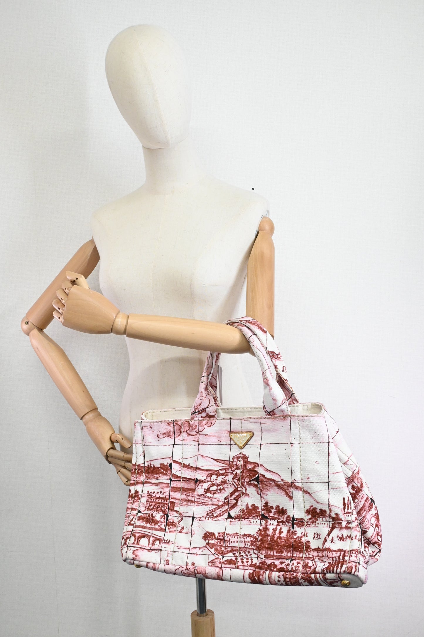 Prada Canapa GM Stampata in White and Burgundy Canvas