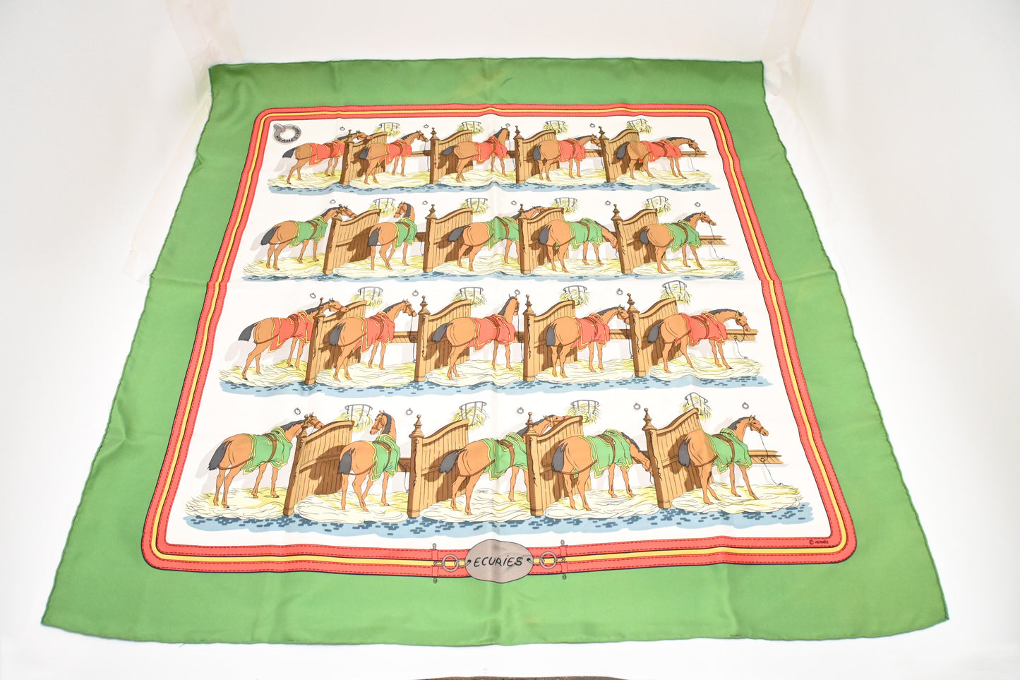 Hermes 'Ecuries' Carre 90 in Green Silk