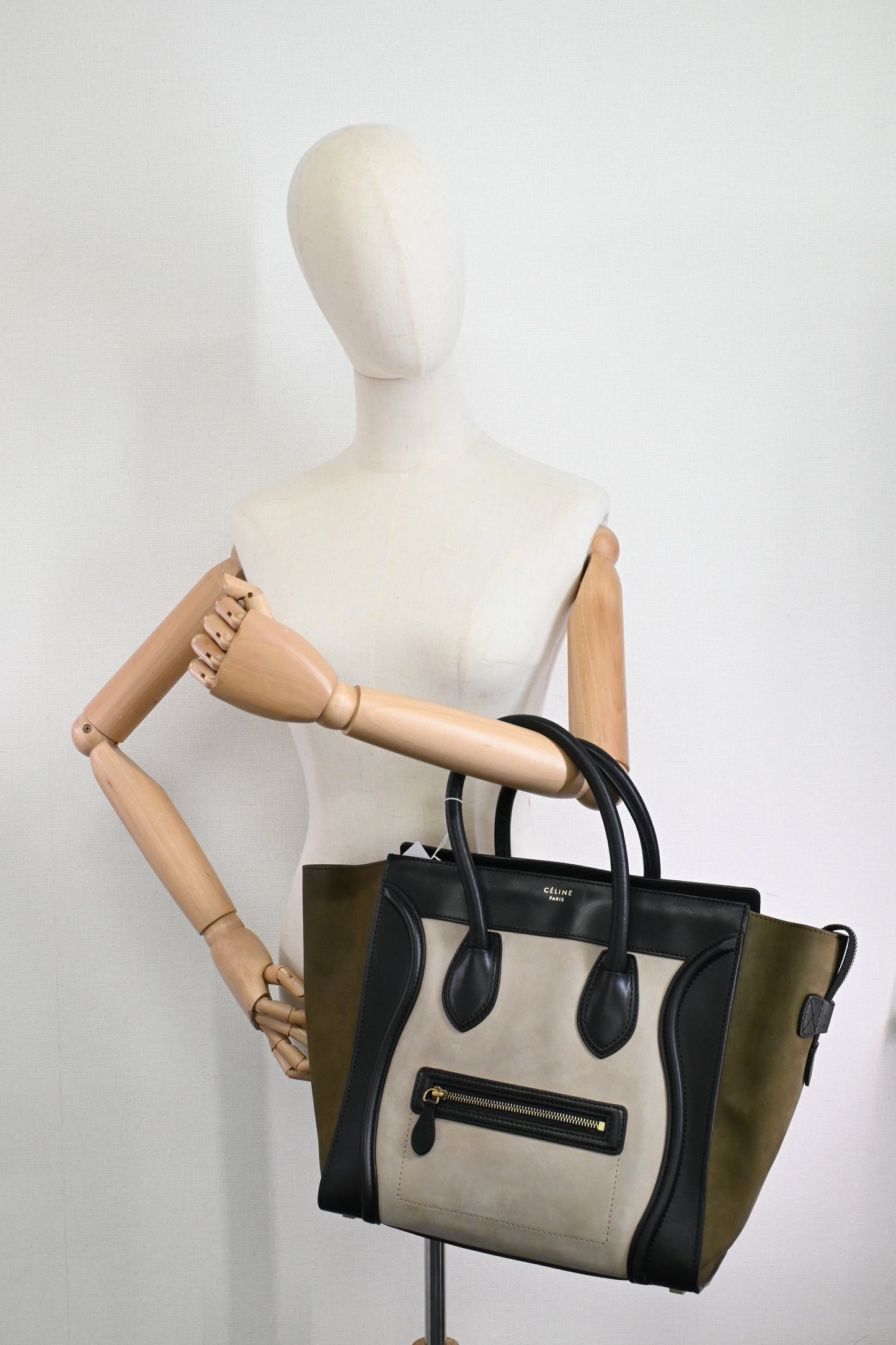 Celine Mini Luggage Tricolor in Beige, Black and Kaki Green Leather