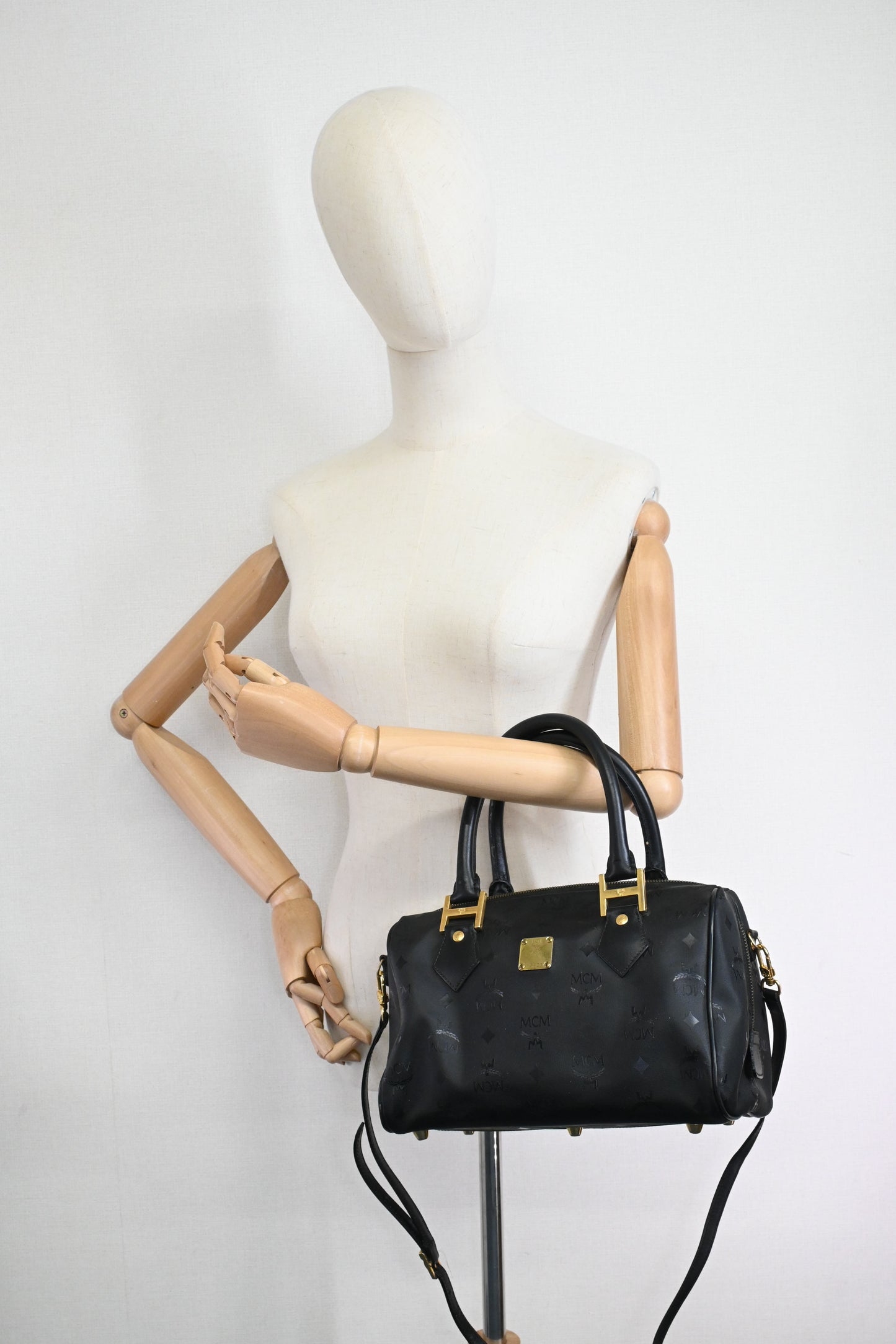 MCM 2way Boston Bag in Black Coated Canvas